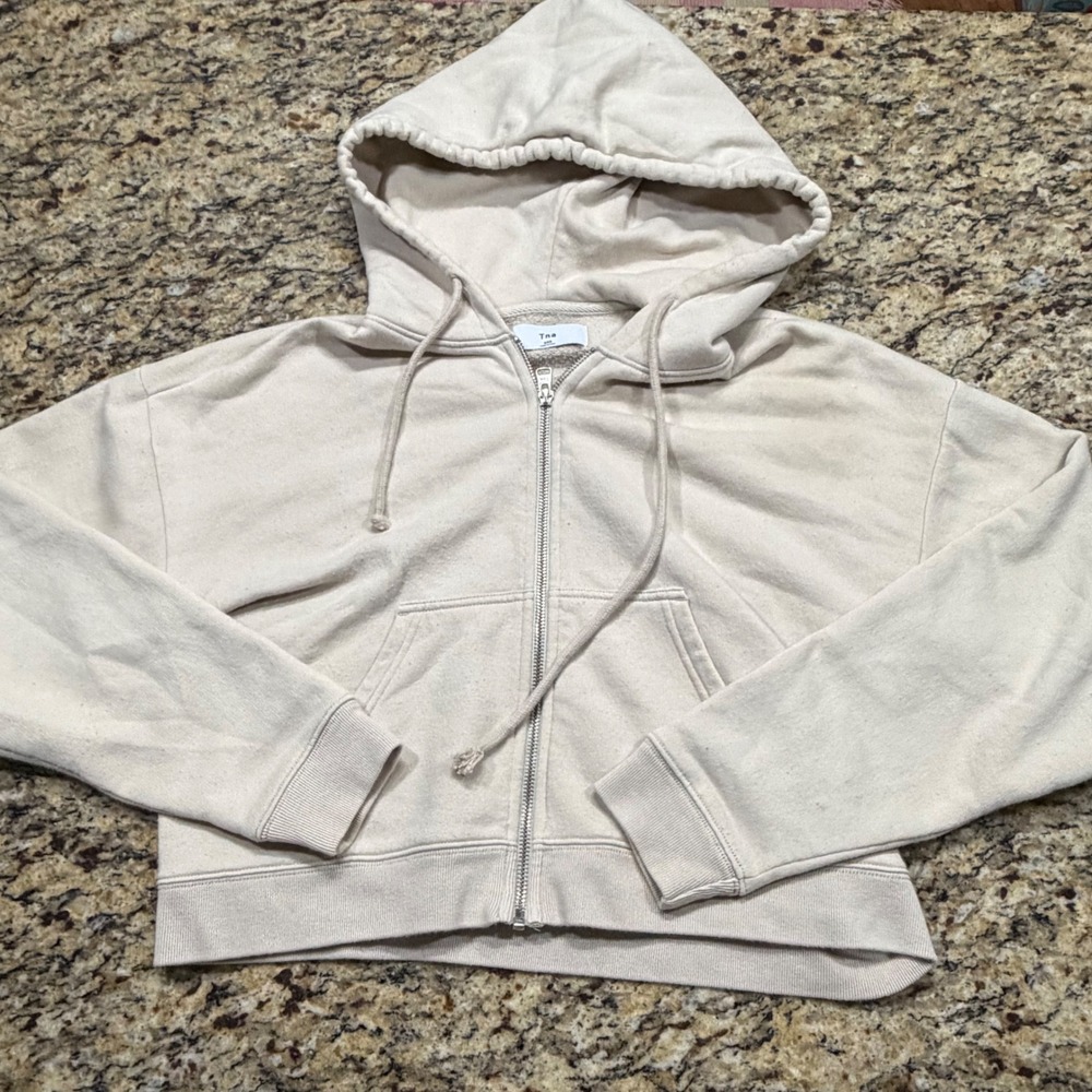 Tna‎ Aritzia Womens XXS Beige Oatmeal Full Zip Up Hoodie Cropped Sweatshirt